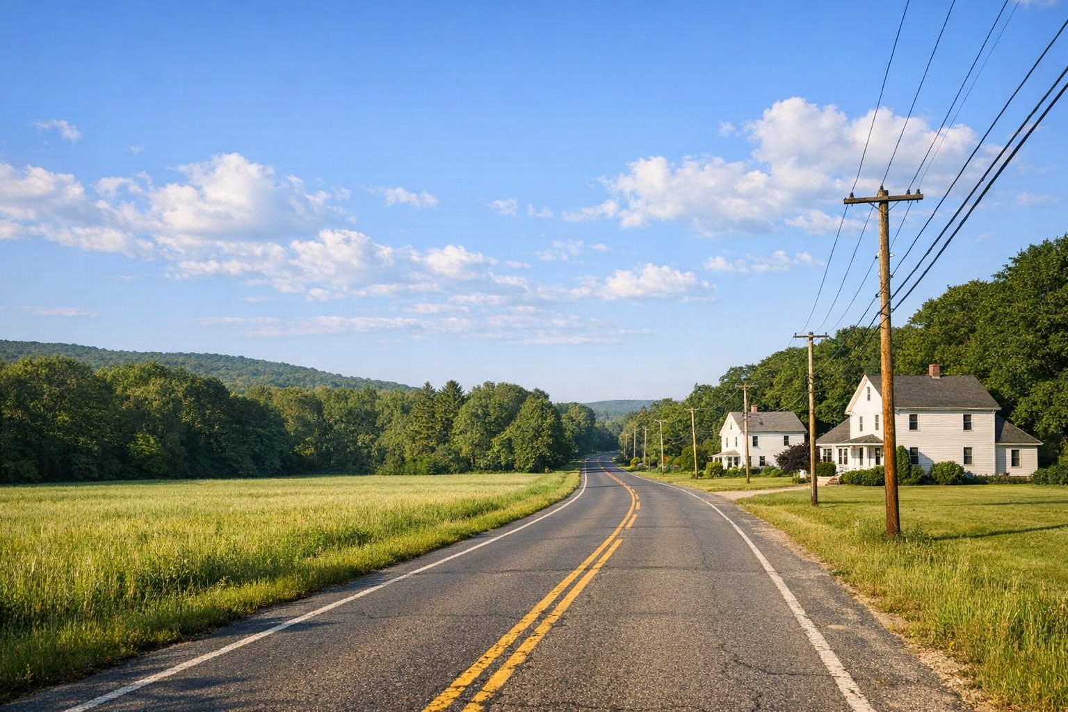 A quiet two-lane rural residential road with open fields, bare autumn trees and modest farmhouses under an overcast sky in eastern Connecticut.