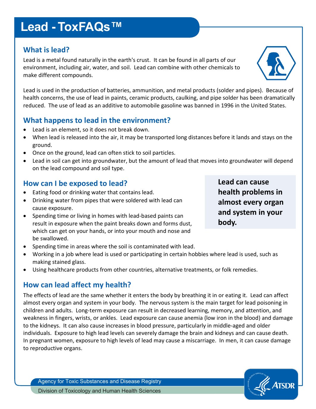 Page 1 preview of ATSDR ToxFAQs for Lead