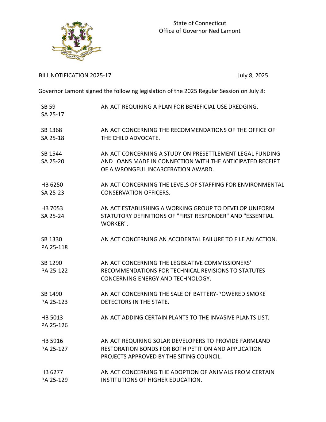 Page 1 preview of Connecticut Governor Bill Notification 2025-17