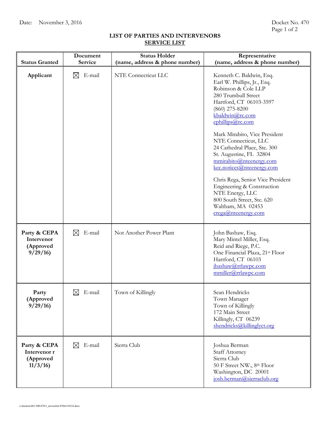 Page 1 preview of Connecticut Siting Council Docket 470 Service List