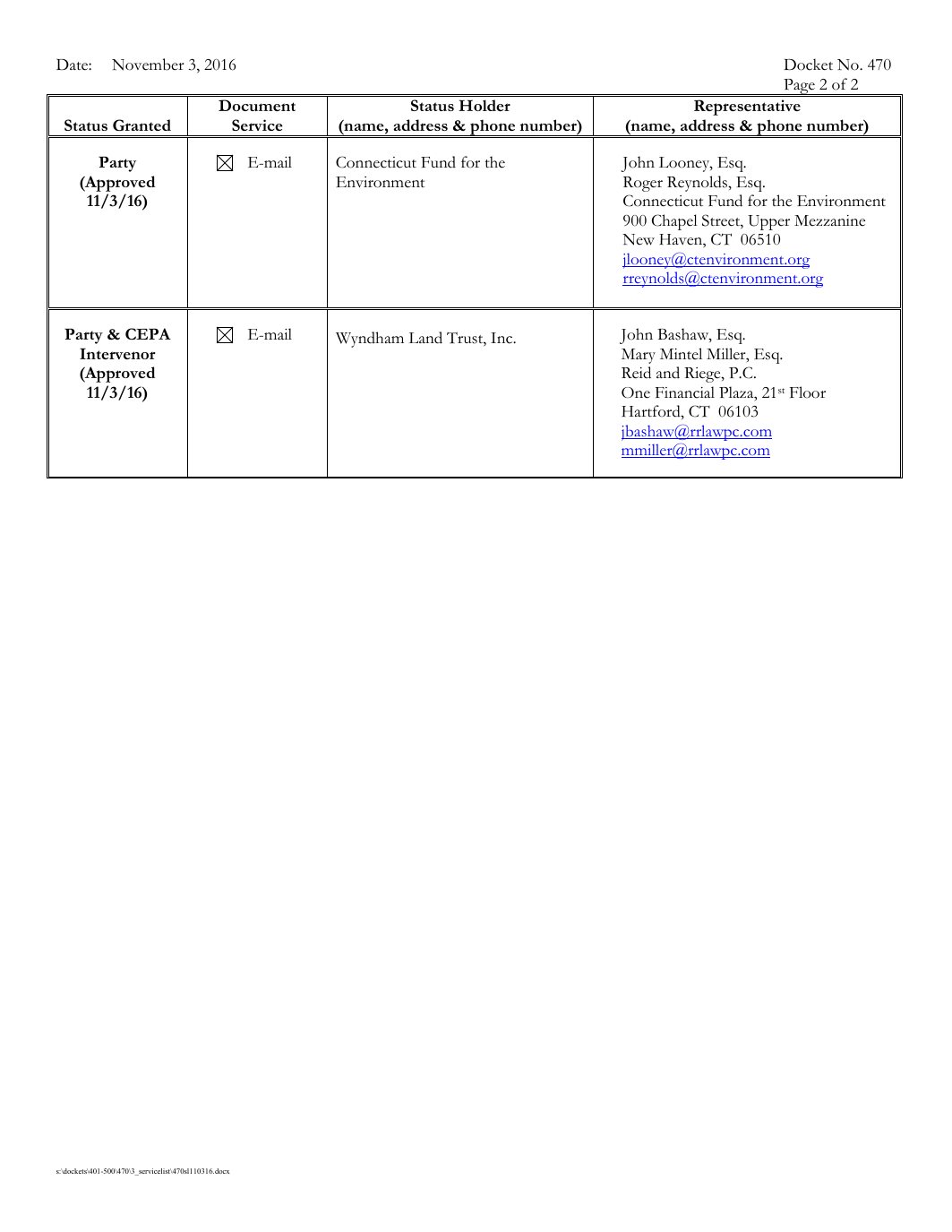 Page 2 preview of Connecticut Siting Council Docket 470 Service List