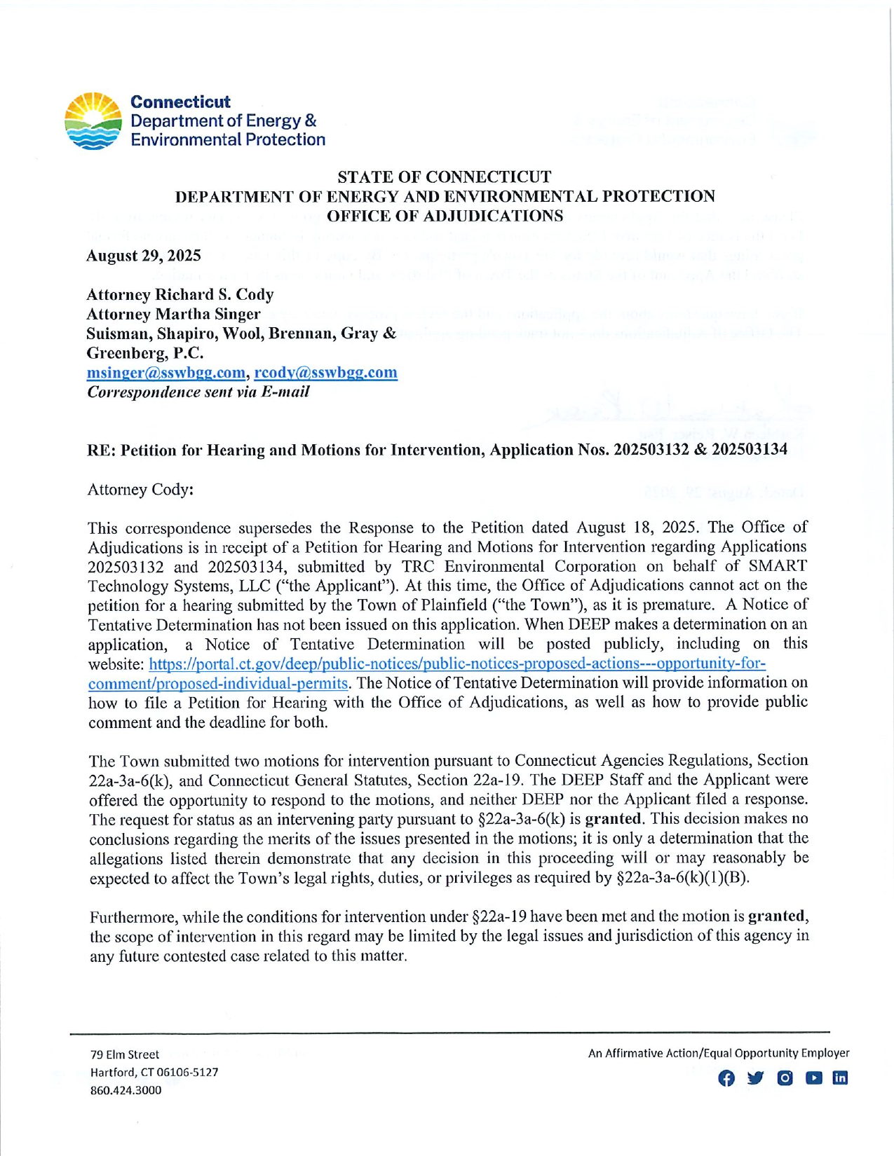 Page 1 of the August 29, 2025 Connecticut DEEP Office of Adjudications letter