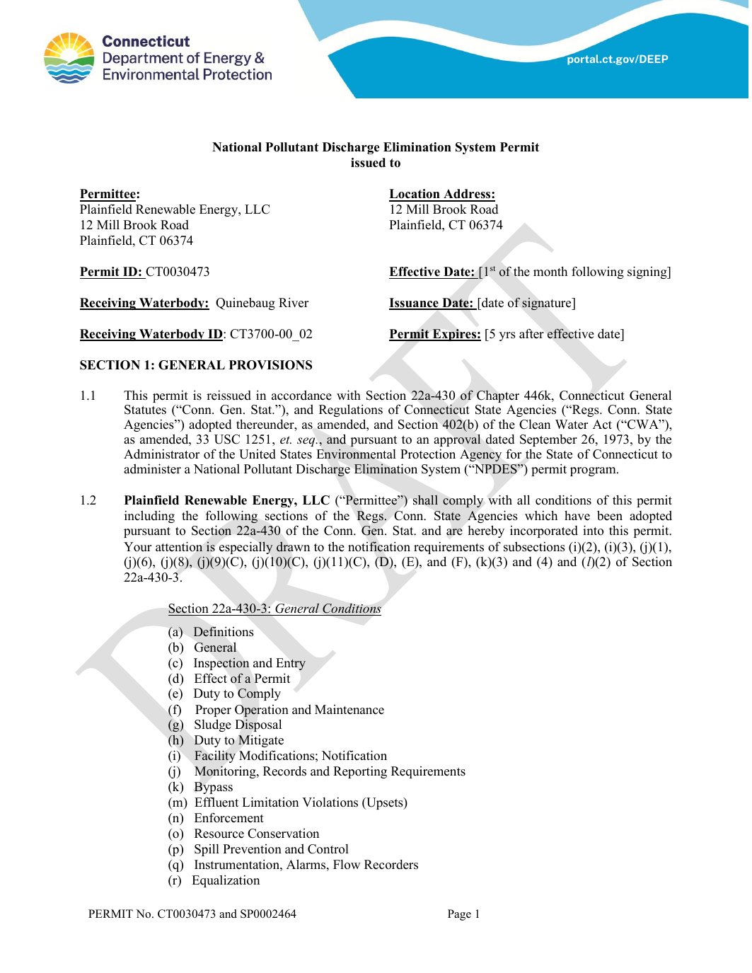 Page 1 preview of Draft NPDES Permit for Plainfield Renewable Energy
