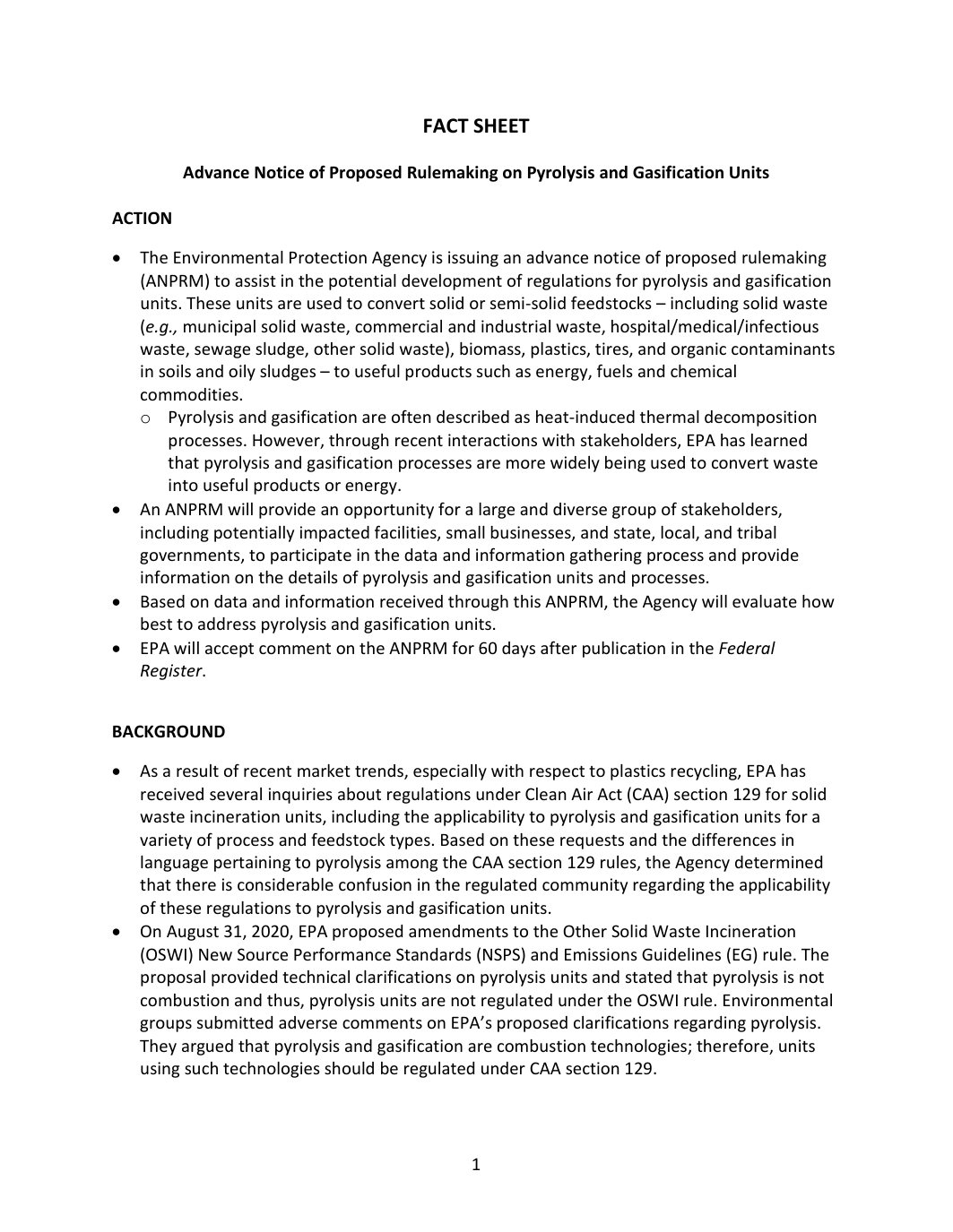Page 1 preview of EPA Fact Sheet on Pyrolysis and Gasification Units