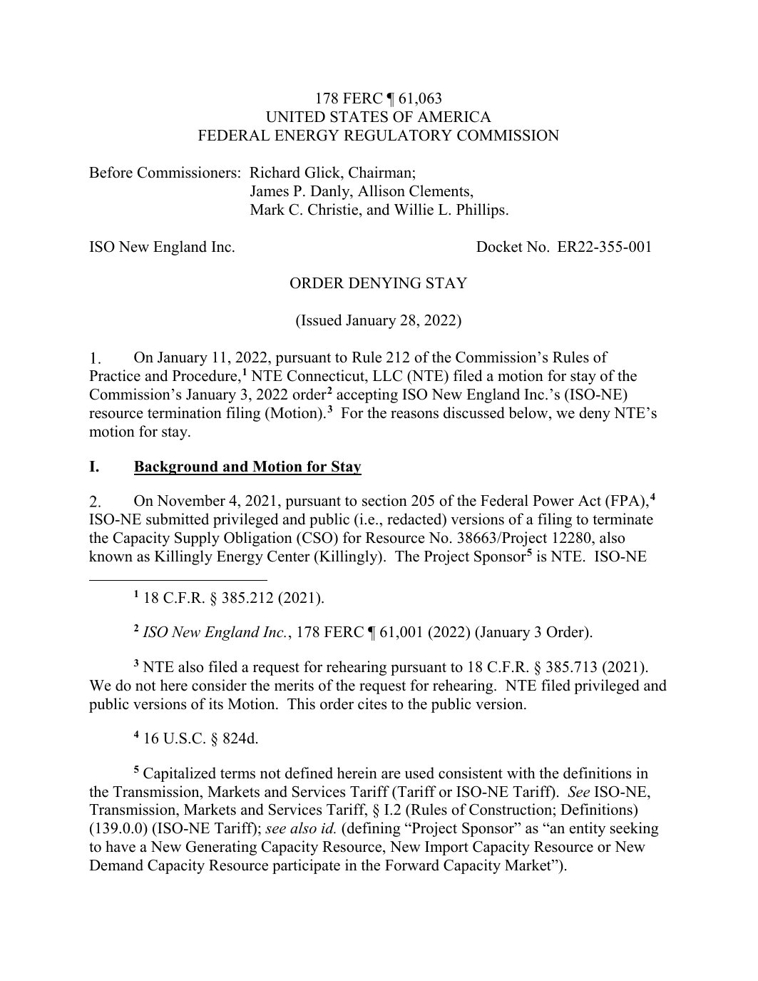 Page 1 preview of FERC Order Denying Stay for Killingly Energy Center