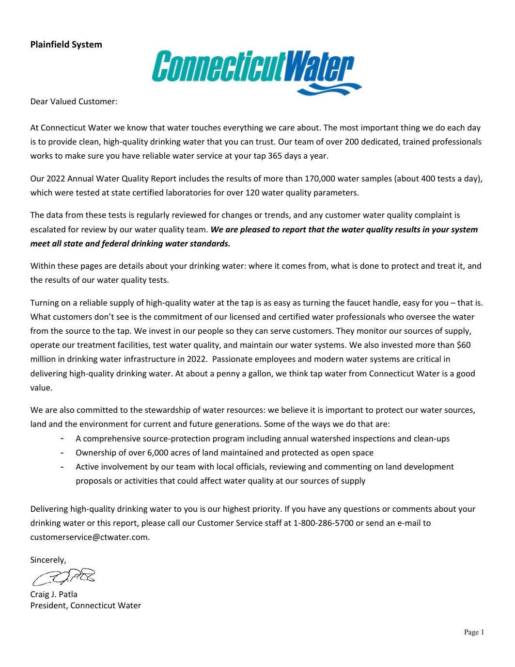 Page 1 preview of Plainfield Water Quality Report 2022