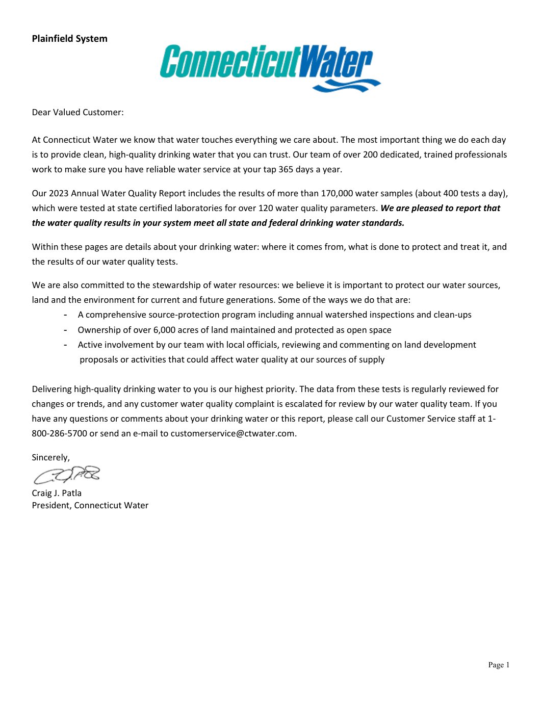 Page 1 preview of Plainfield Water Quality Report 2023