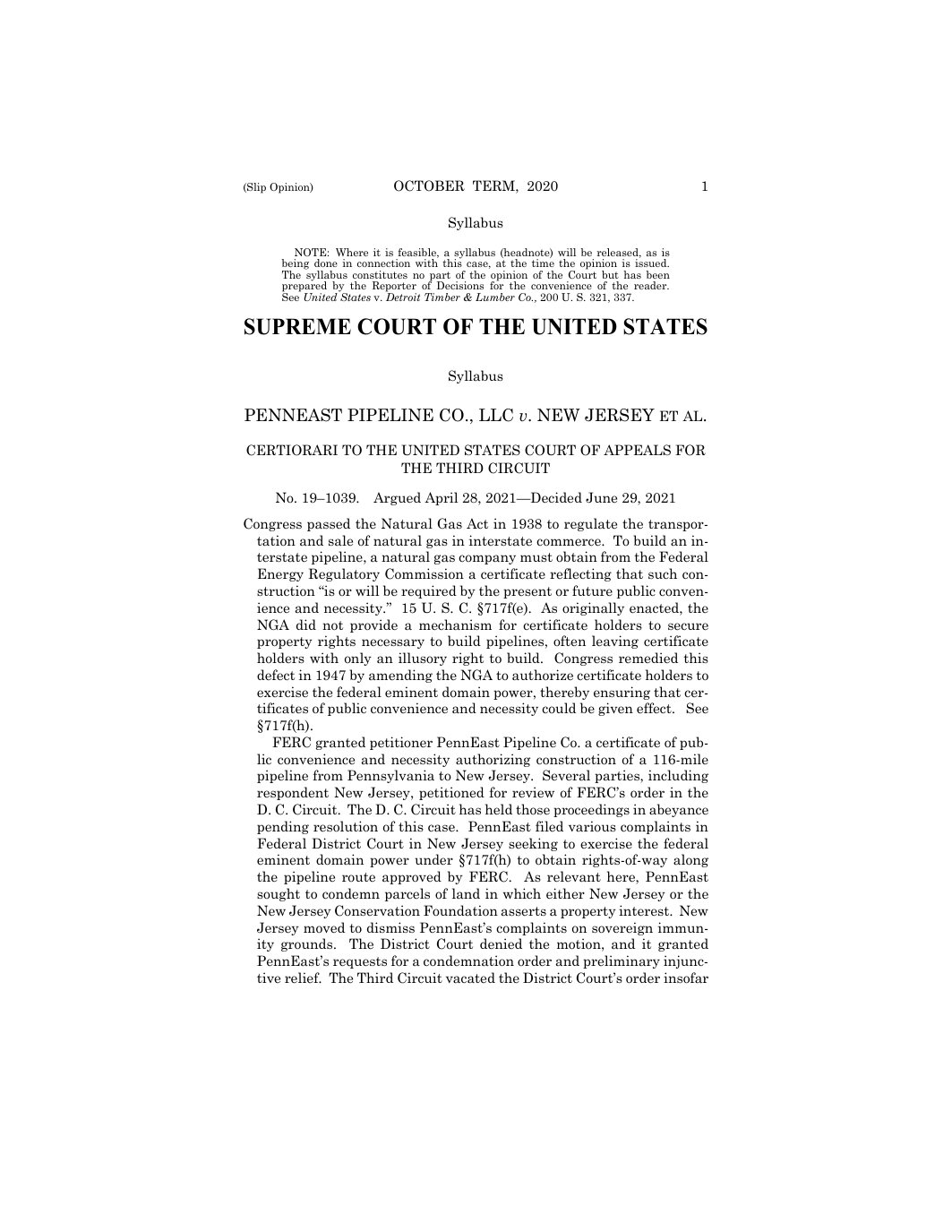 Page 1 preview of United States Supreme Court Opinion in PennEast Pipeline Co. v. New Jersey