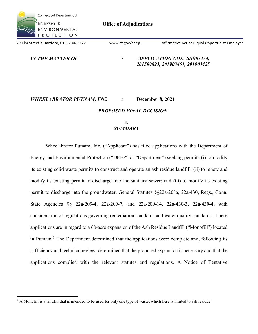 Page 1 preview of Wheelabrator Putnam Proposed Final Decision